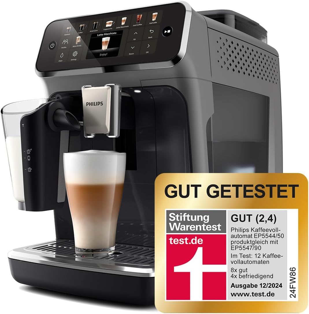 Philips Serie 5500 Kaffeevollautomat (EP5544/50) – LatteGo Milchsystem,20 heiße und kalte Kaffeespezialitäten,40% leiser mit SilentBrew,QuickStart,Schwarz/Grau