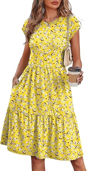 Summer Dresses for Women 2026 Cap Sleeve Casual Sundresses Floral Tiered Swing Fashion Beach Vacation Dress