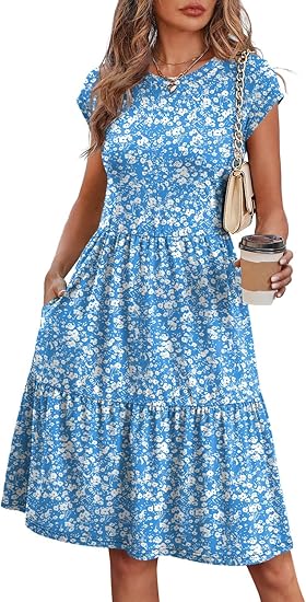 Summer Dresses for Women 2026 Cap Sleeve Casual Sundresses Floral Tiered Swing Fashion Beach Vacation Dress