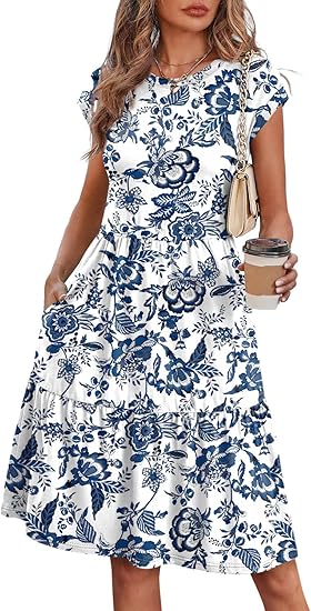 Summer Dresses for Women 2026 Cap Sleeve Casual Sundresses Floral Tiered Swing Fashion Beach Vacation Dress